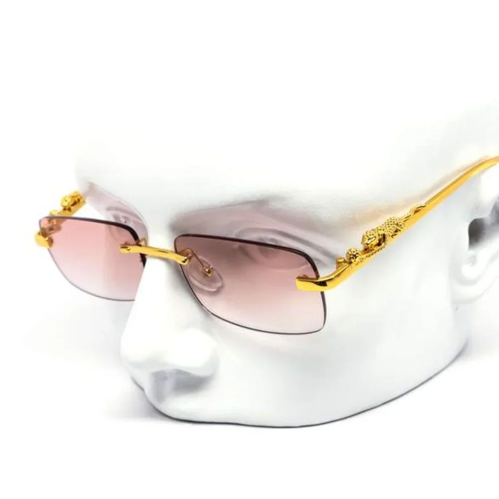 Men Women Sunglasses Pink Lens Rimless Luxury Retro Shades Gold Metal Lentes New